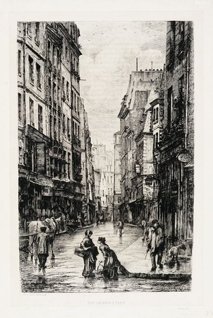 吕西安·戈蒂耶，一套由3幅以巴黎为题材的版画组成的合集。1883-90年。1) 巴黎加兰德街。约18