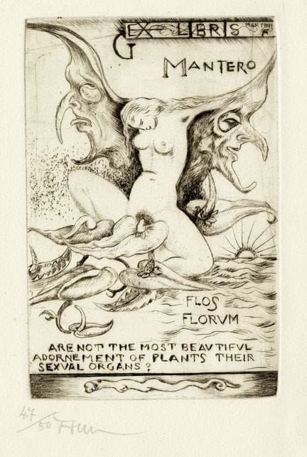 阿尔贝托·马蒂尼，为G.曼特罗创作的藏书票。《Flos florum》。蚀刻版画。147×95毫米。