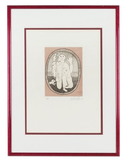 朱塞佩·维维亚尼，《男人、鲜花与狗》。1963年。蚀刻版画。236×177毫米。画纸尺寸：495×3