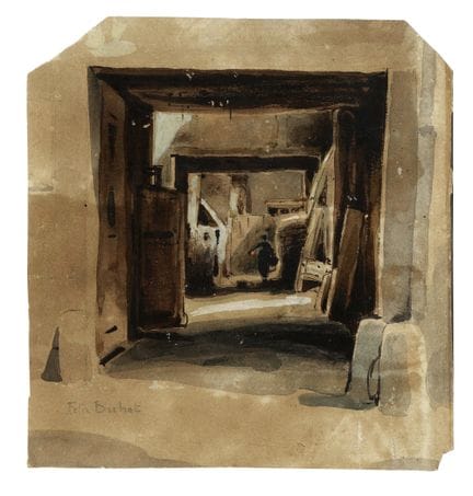 Chine brune, bistre et aquarelle sur papier épais.