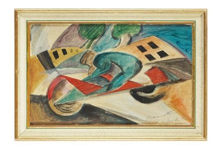 内里诺·南内蒂（Neri），《疾驰的摩托车》。 纸板上的综合材料画。22.5×36厘米。右下角有签名