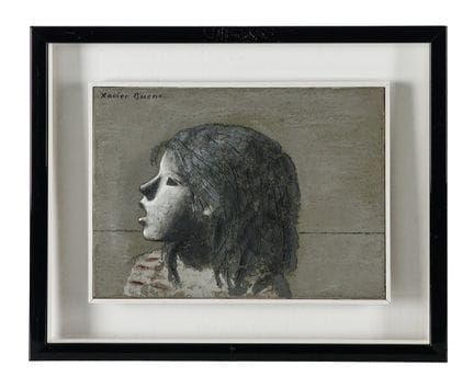 哈维尔·布埃诺，《侧脸小女孩》。1974年。布面综合材料。24×33厘米。背面有签名。作品附有哈维尔