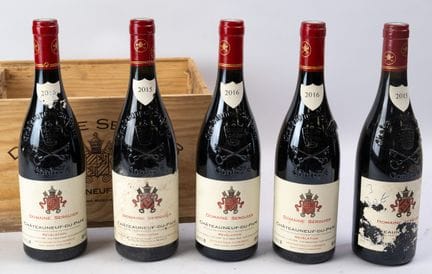 罗讷河谷红葡萄酒，教皇新堡，塞尔吉耶酒庄，2015年份3瓶，2016年份2瓶。共计5瓶