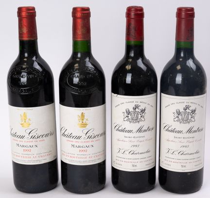 波尔多红葡萄酒，玛歌，吉斯库斯酒庄，特级酒庄，1992 年，两瓶；圣爱斯泰夫，蒙特罗斯酒庄，1993