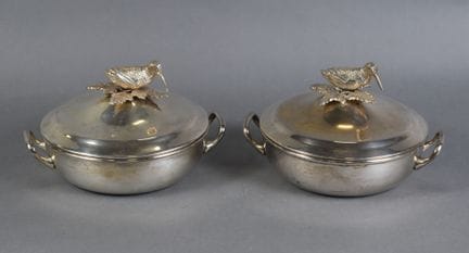 PAIR of silver plated vegetable bowls; the handle 