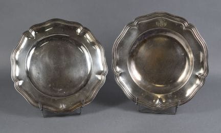 TWO round silver plated metal dishes with scallope