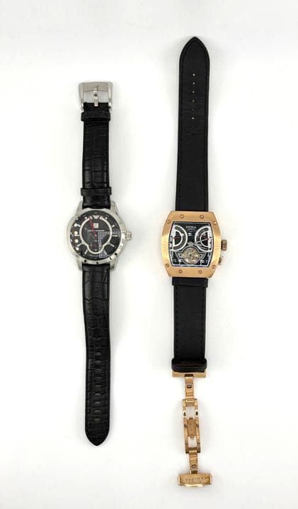 2只金属表带男表套装，包含：
- EMPORIO ARMANI品牌手表
- STEWAL品牌手表（按