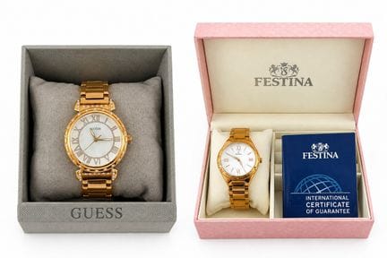 套装包含：
- FESTINA品牌镀金金属女士手表，附原装表盒、证书及1个备用表链节
- GUESS