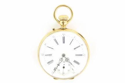 Pocket watch with an 18K yellow gold case. The bac