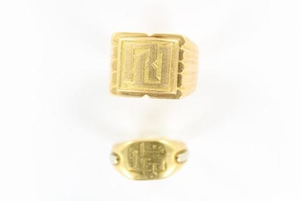 2 18K yellow gold signet rings with engraved numbe