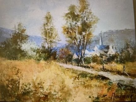 克劳德·穆里耶（1930-2022）。《通往教堂的小径》。布面丙烯画，右下角有签名。高22厘米，宽2