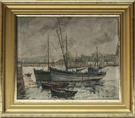 HOUEL. Barche. Olio su pannello. Altezza. 22 cm. L