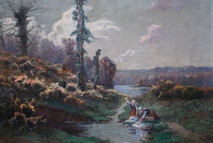 A. de PONGRY (XIX secolo). Paesaggio con lavandaie