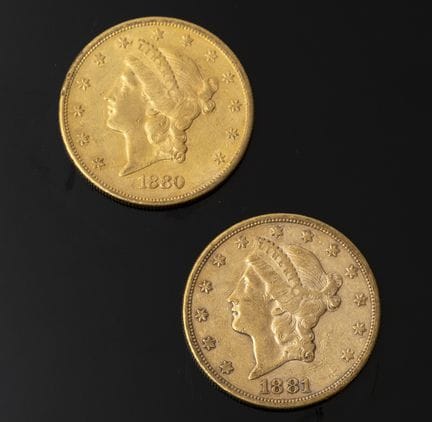 Two 20-dollar Liberty Head gold coins from San Fra