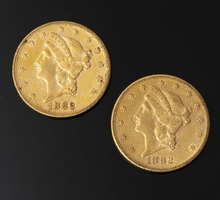 Two 1882 Liberty Head $20 gold coins.