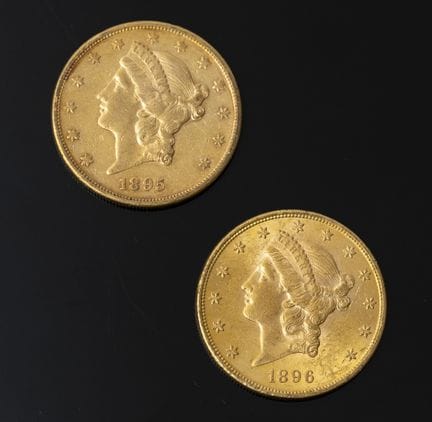 Two 20-dollar Liberty Head gold coins from 1895 an
