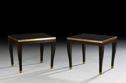 Coppia di tavolini rettangolari in legno e ottone,