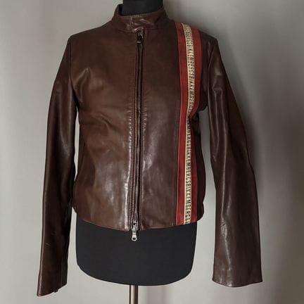 BIKKEMBERG - Brown leather jacket featuring a red 