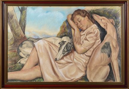 SPANISH SCHOOL (20th century). "Woman with Greyhou