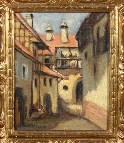 SCUOLA SPAGNOLA (XIX secolo). "Villaggio". Olio su