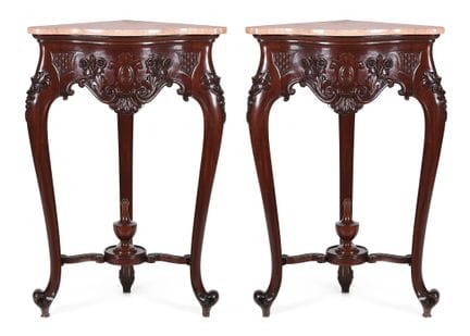 Pair of corner cabinets made of mahogany with marb