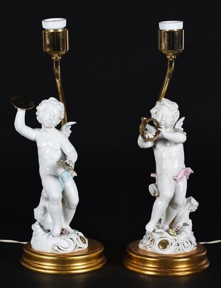 Pair of table lamps made of metal and porcelain. P