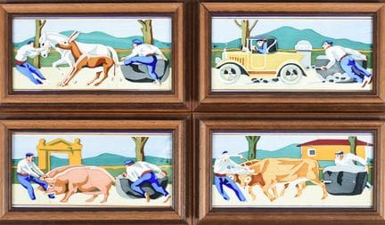 Set of four glazed ceramic tiles depicting traditi