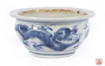 Blue-and-white porcelain bowl depicting a dragon. 