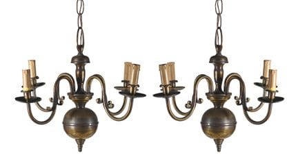 Pair of Dutch brass ceiling lamps.  Mid-20th centu