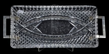 Tray made of cut glass and silver. Early 20th cent