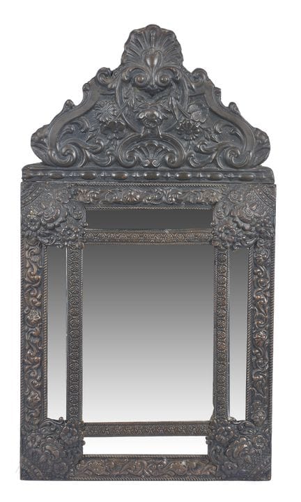 Dutch mirror made of embossed brass with a wooden 