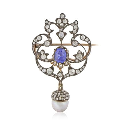 ALFILER DE PERLA, ZAFIRO Y DIAMANTES, ALREDEDOR DE