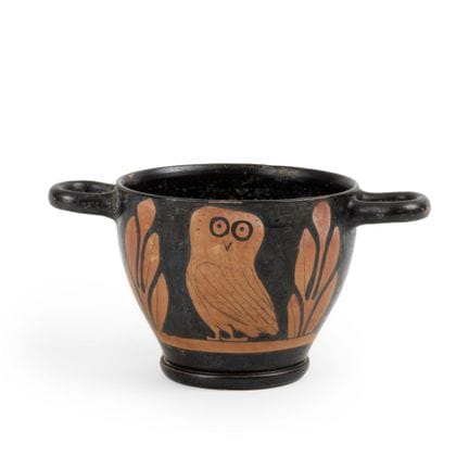 Skyphos con gufi in terracotta a figure rosse, Ita