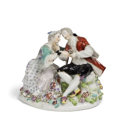 迈森瓷制吸鼻烟的情侣组雕，约1750年 A Meissen group of lovers taki