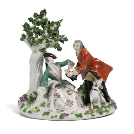 一对迈森瓷恋人雕像，约1760年，后加装饰或外部装饰 A Meissen group of love