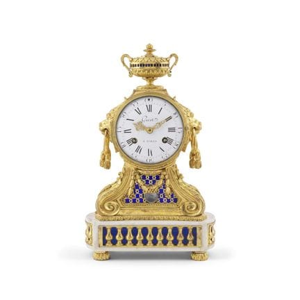 Orologio da caminetto in bronzo dorato, smalto blu