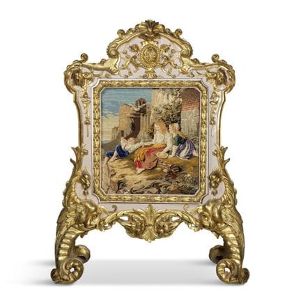 Importante paravento bifacciale in legno dorato e 