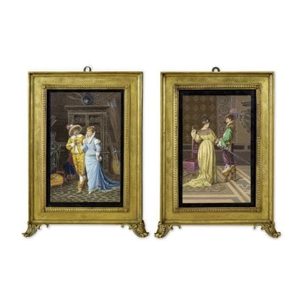 Due quadri in micromosaico con soggetti galanti di