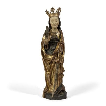 Figura in legno intagliato, dipinta a colori e dor