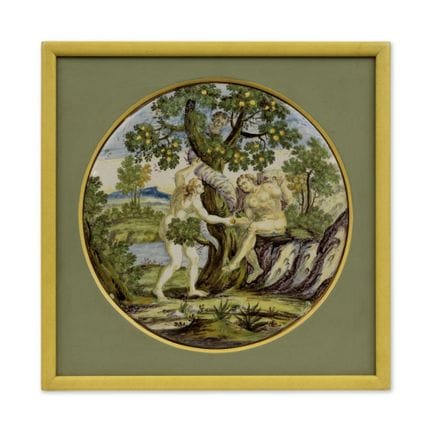 Piatto biblico in maiolica decorato a colori con m