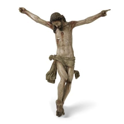 Figura in legno intagliato e dipinto a colori che 
