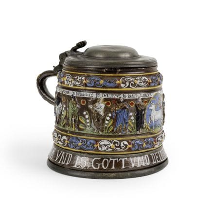 克罗伊森石质陶制、锡镶边的啤酒杯（Apostelkrug），标有1660年日期 一只克罗伊森石质陶制