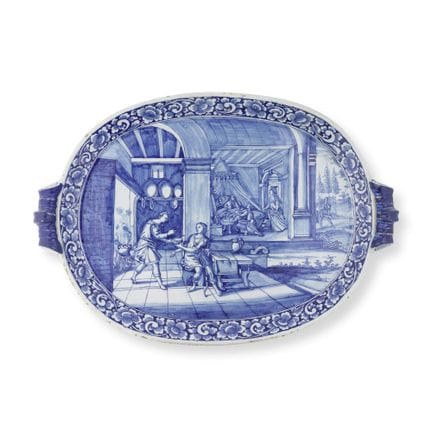 德尔夫特陶椭圆形托盘，饰有圣经题材图案，约1770-80年 一件饰有圣经题材图案的荷兰德尔夫特陶椭圆