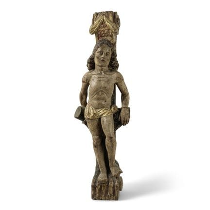 Figura in legno dipinta a colori e dorata raffigur