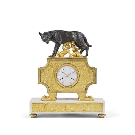 Orologio da camino in bronzo dorato e patinato raf