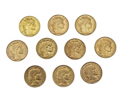 10 20F gold coins (Rooster design) Weight: 64.60 g
