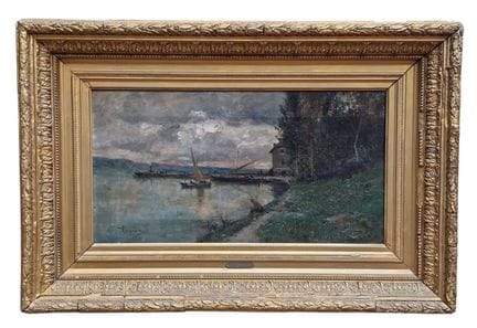阿道夫·阿皮安（Adolphe APPIAN，1818-1898）《河上的帆船》 布面油画，左下角有