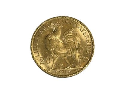 20 FF gold coin, "Rooster" type, 1905, TTB. Weight