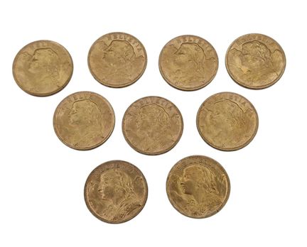 9 Swiss 20F Gold Coins—Reduced buyer's fees: 14.40