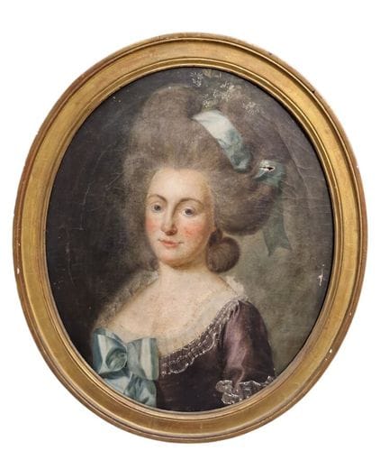 雷米-富尔西·德斯卡辛（1747-1789），《身着紫色长裙、系蓝色丝绸蕾丝蝴蝶结的女子肖像》，椭圆